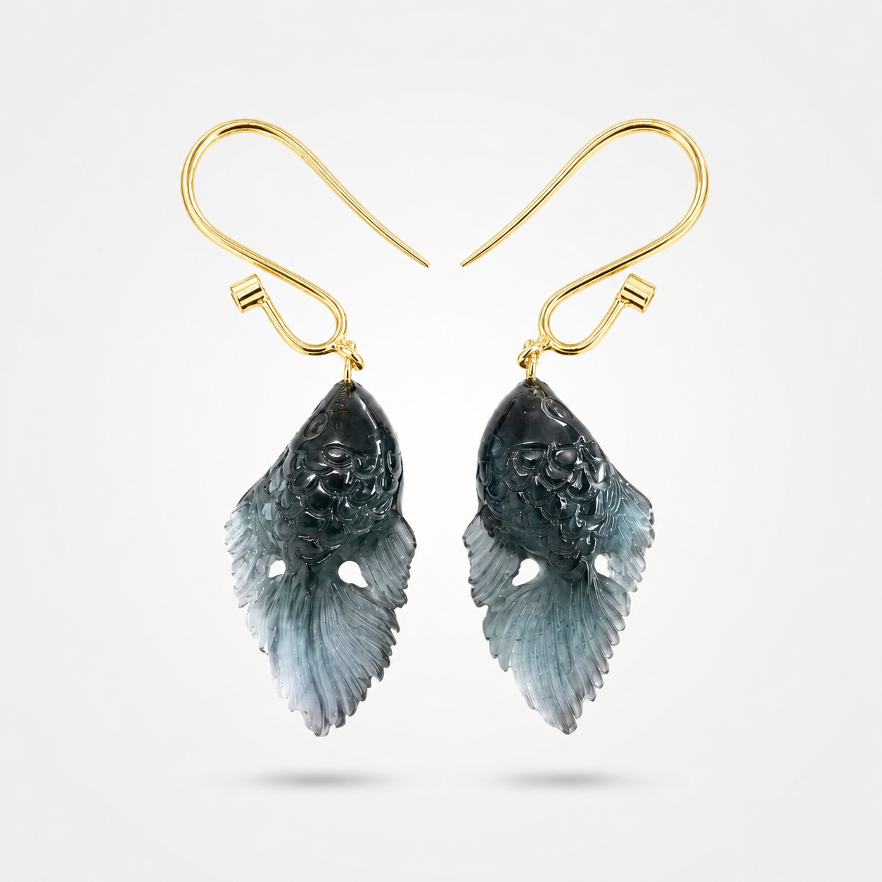 Blue Tourmaline Hand Carved Betta Fish Earrings – Detailed Scale and Fin Carving 14K Gold Hooks
