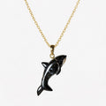 Fossilized Shell Orca Killer Whale Pendant on Gold Chain – Glossy Black 3D Carved Gemstone Necklace
