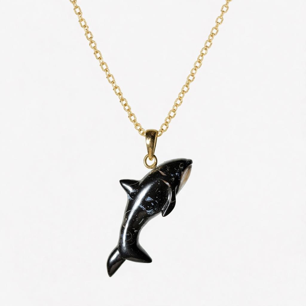 Fossilized Shell Orca Killer Whale Pendant on Gold Chain – Glossy Black 3D Carved Gemstone Necklace
