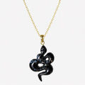 Fossilized Shell Coiled Serpent Pendant on Gold Chain – Glossy Black Snake Fossil Gemstone Necklace
