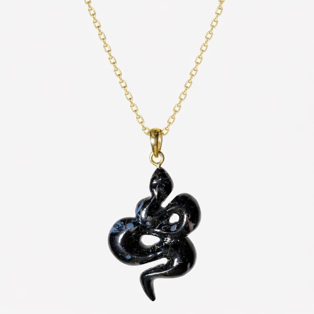 Fossilized Shell Coiled Serpent Pendant on Gold Chain – Glossy Black Snake Fossil Gemstone Necklace
