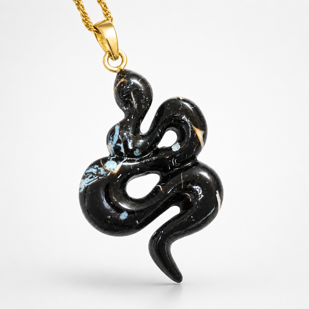Fossilized Shell Serpent Pendant Side View – Large Glossy Black Coiled Snake Blue Grey Fossil Gold Bail
