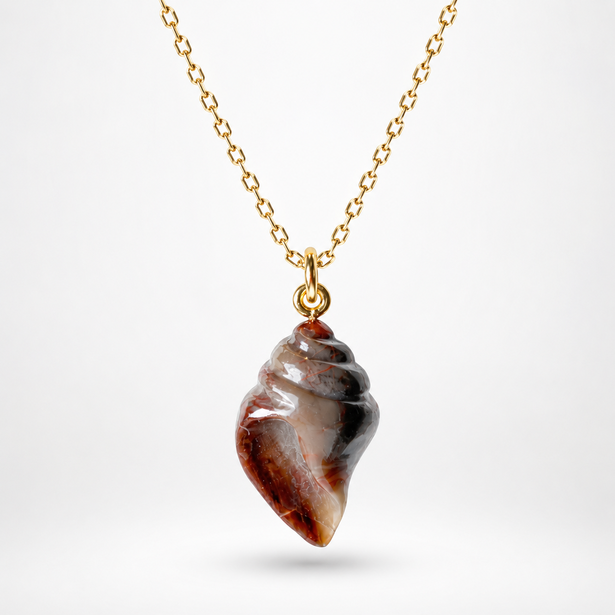 Fossilized Wood Carved Conch Shell Pendant on Gold Chain – Brown Grey Natural Gemstone Necklace
