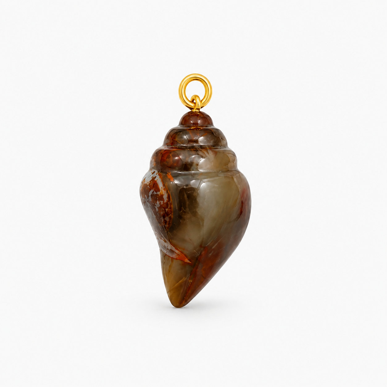 Fossilized Wood Conch Shell Pendant Close-Up – Carved Spiral Brown Amber Gemstone Gold Bail Charm
