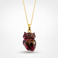Garnet Carved Owl Pendant on Gold Chain – Deep Red Gemstone Hand Carved Owl Necklace
