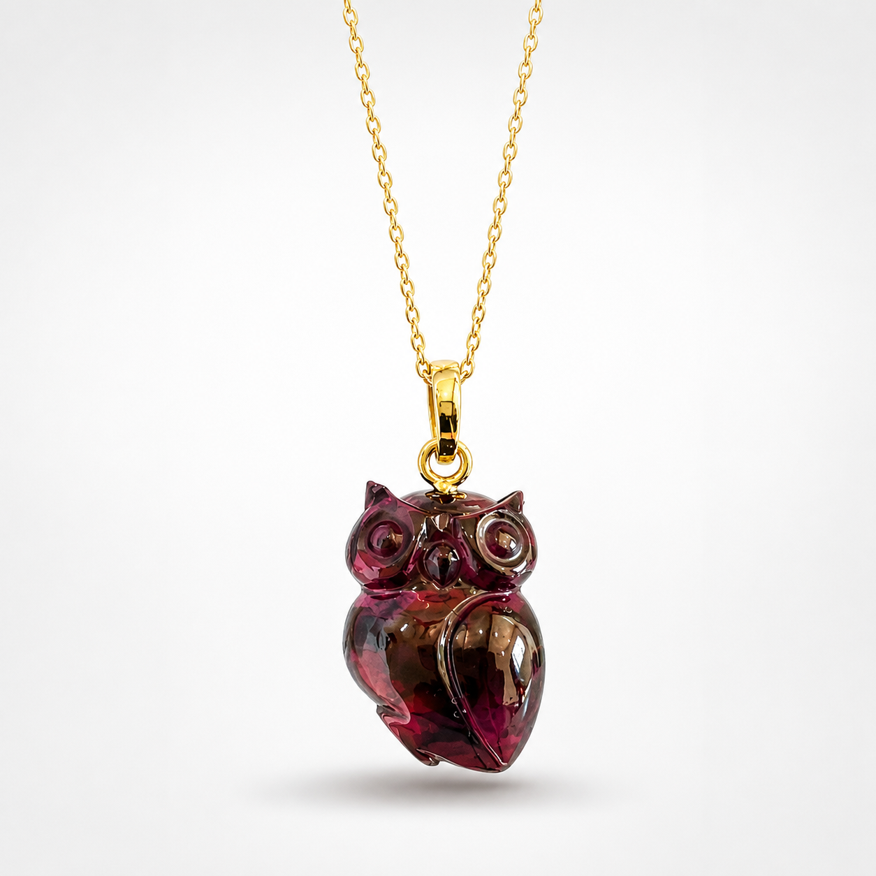 Garnet Carved Owl Pendant on Gold Chain – Deep Red Gemstone Hand Carved Owl Necklace
