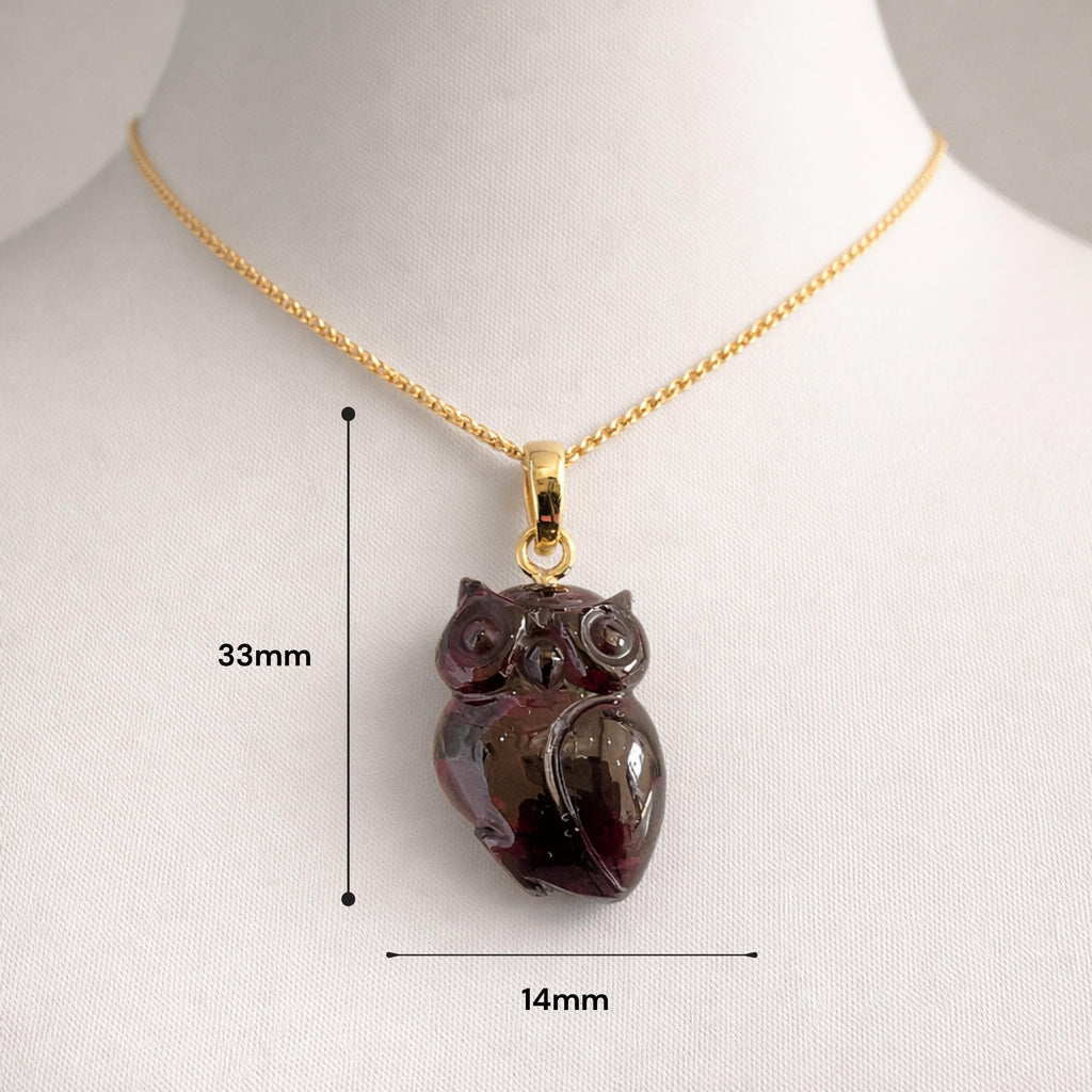 Garnet Owl Pendant Size Guide – 33mm x 14mm Hand Carved Deep Red Gemstone Gold Bail Necklace
