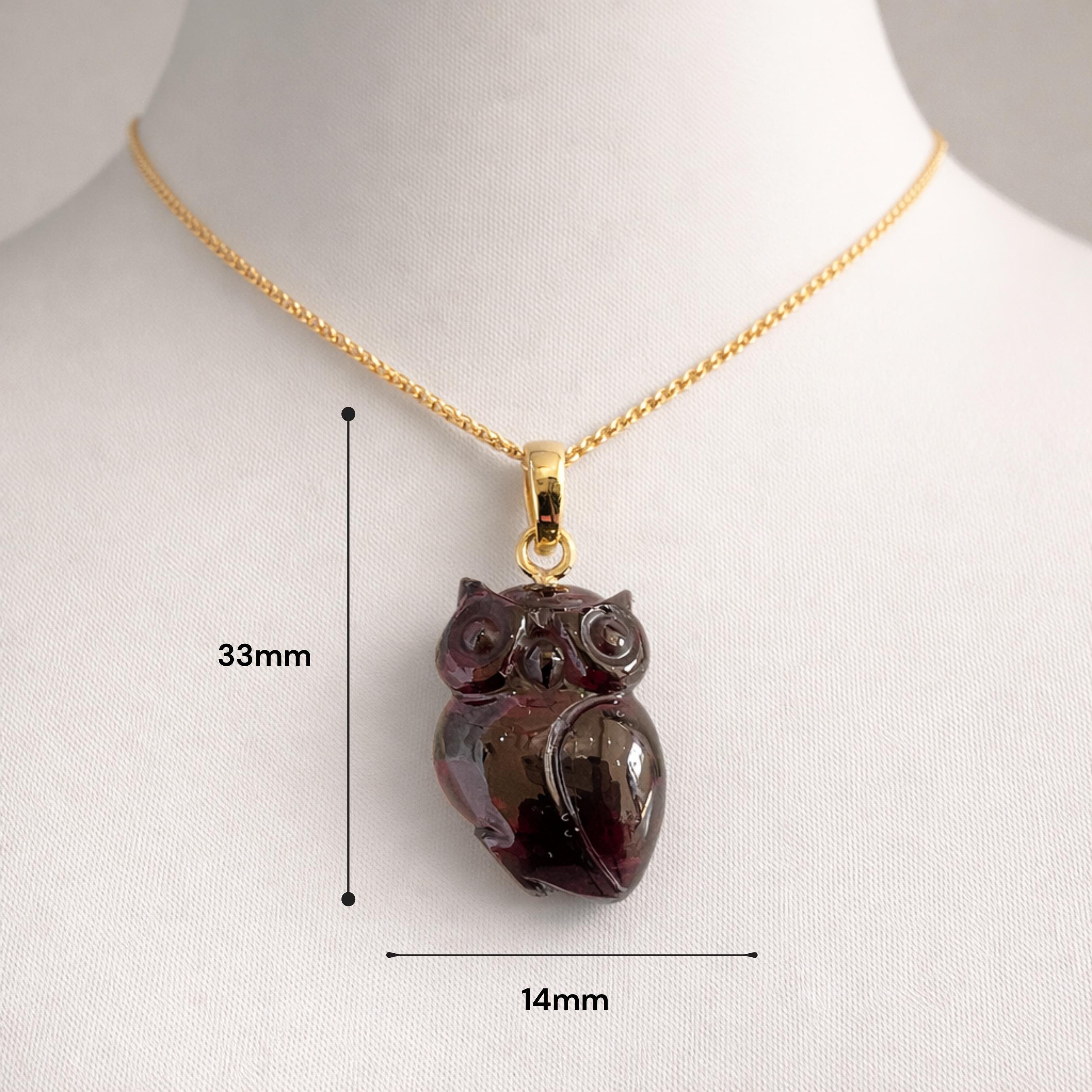 Garnet Owl Pendant Size Guide – 33mm x 14mm Hand Carved Deep Red Gemstone Gold Bail Necklace
