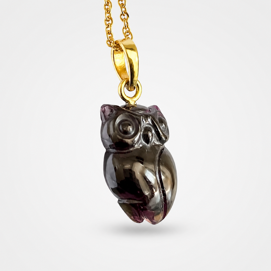 Garnet Owl Pendant Side Profile – Hand Carved 3D Deep Red Gemstone Owl Gold Bail Necklace
