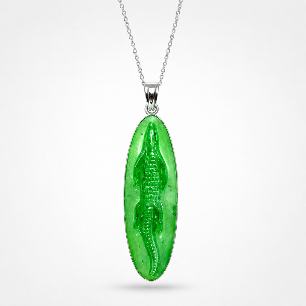 Jade Carved Crocodile Pendant on Silver Chain – Vivid Green Oval Jade Silver Bezel Statement Necklace
