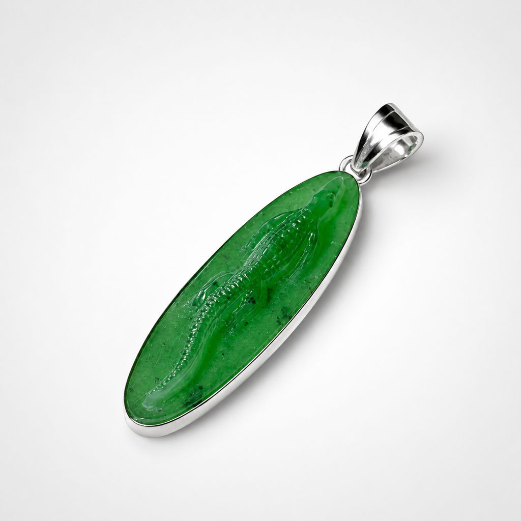 Jade Crocodile Pendant Angled View – Carved Vivid Green Oval Jade Silver Bezel Necklace Detail

