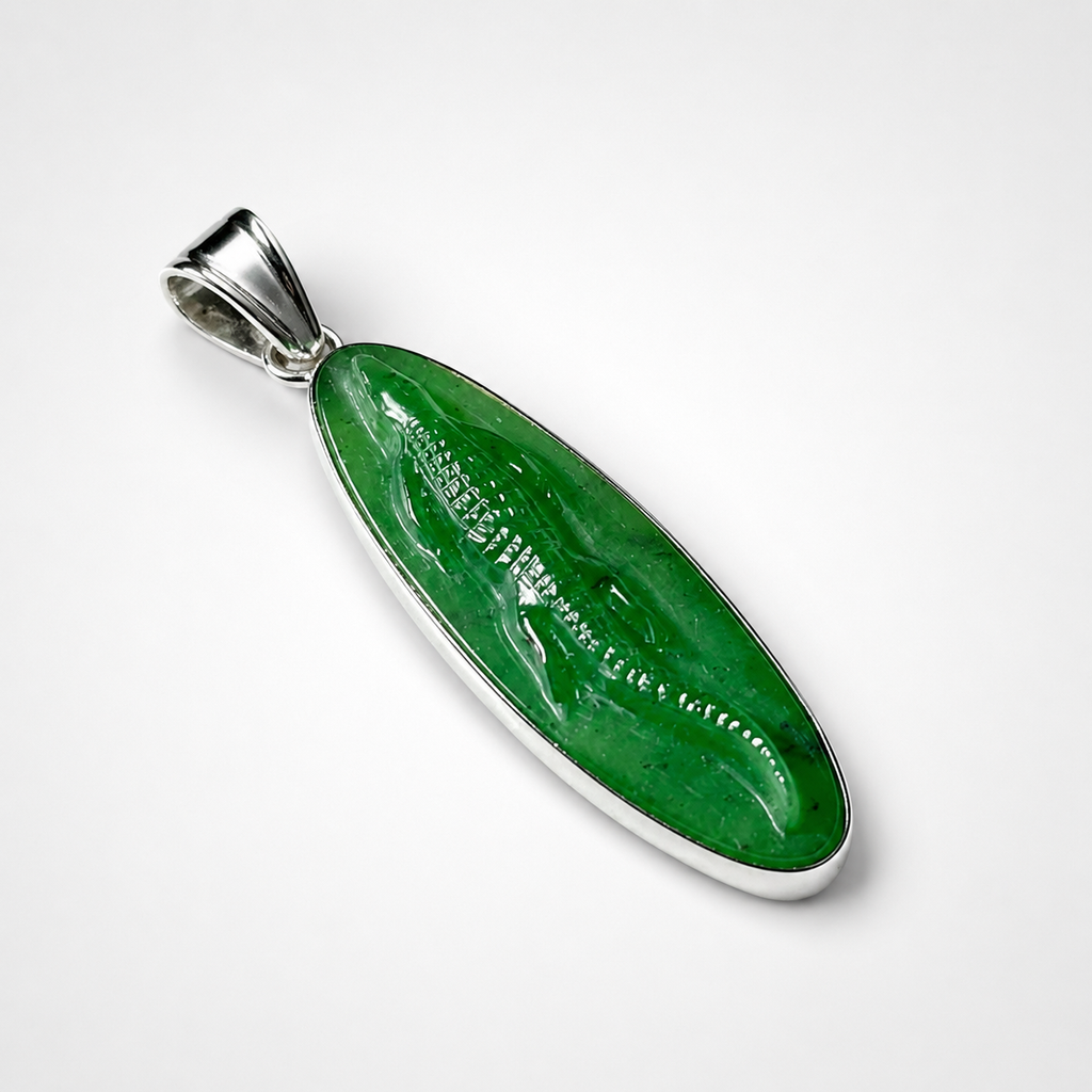 Jade Crocodile Pendant Diagonal View – Carved Green Oval Jade Full Body Crocodile Silver Bezel
