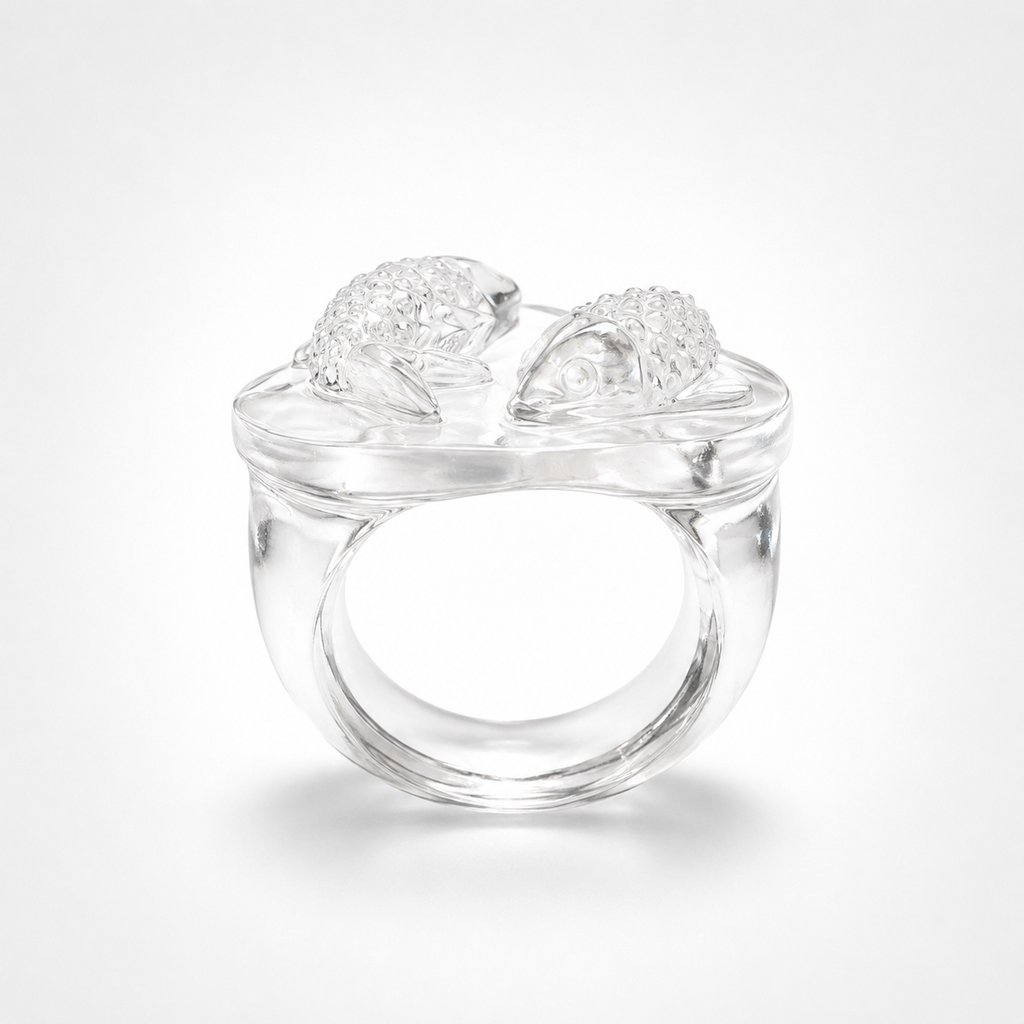 Rock Crystal Koi Fish Ring Front View – Dual Koi Carved Clear Quartz Wide Band Ring
