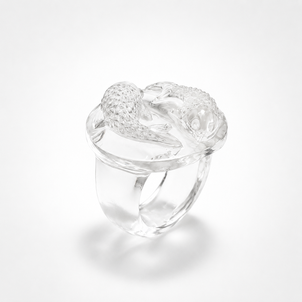 Rock Crystal Koi Fish Ring Angled View – Hand-Carved Clear Quartz Double Koi Statement Ring
