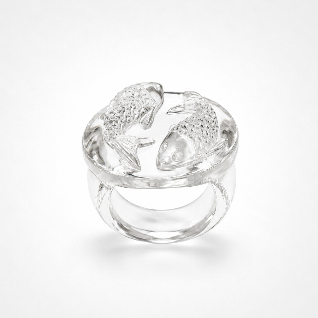 Rock Crystal Koi Fish Ring – Carved Clear Quartz Pisces Koi Gemstone Cocktail Ring
