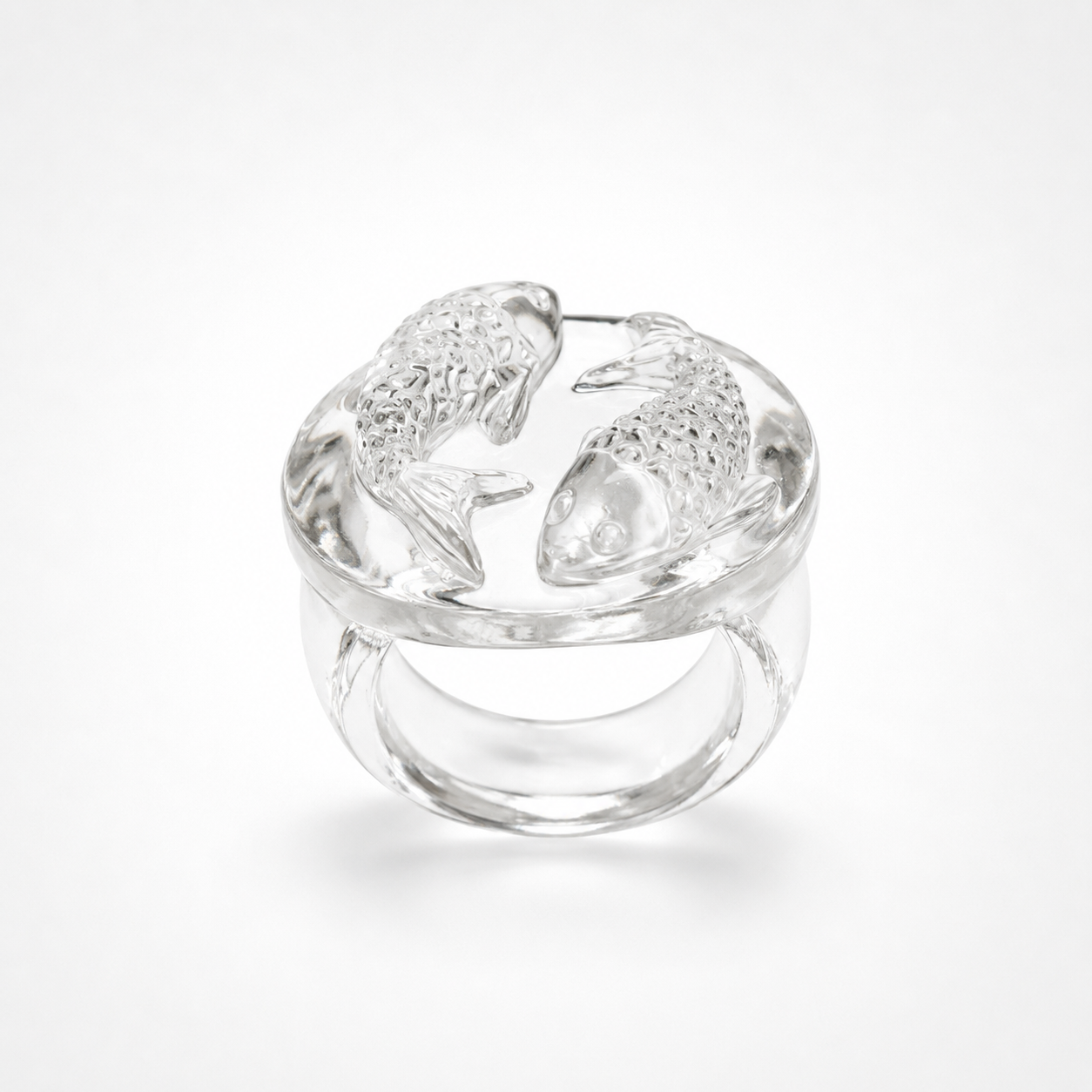 Rock Crystal Koi Fish Ring – Carved Clear Quartz Pisces Koi Gemstone Cocktail Ring
