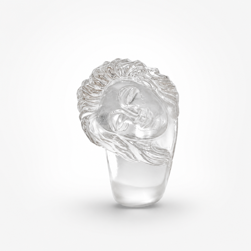 Rock Crystal Lady Face Ring Side View – Hand-Carved Clear Quartz Ring with Hair Detail

