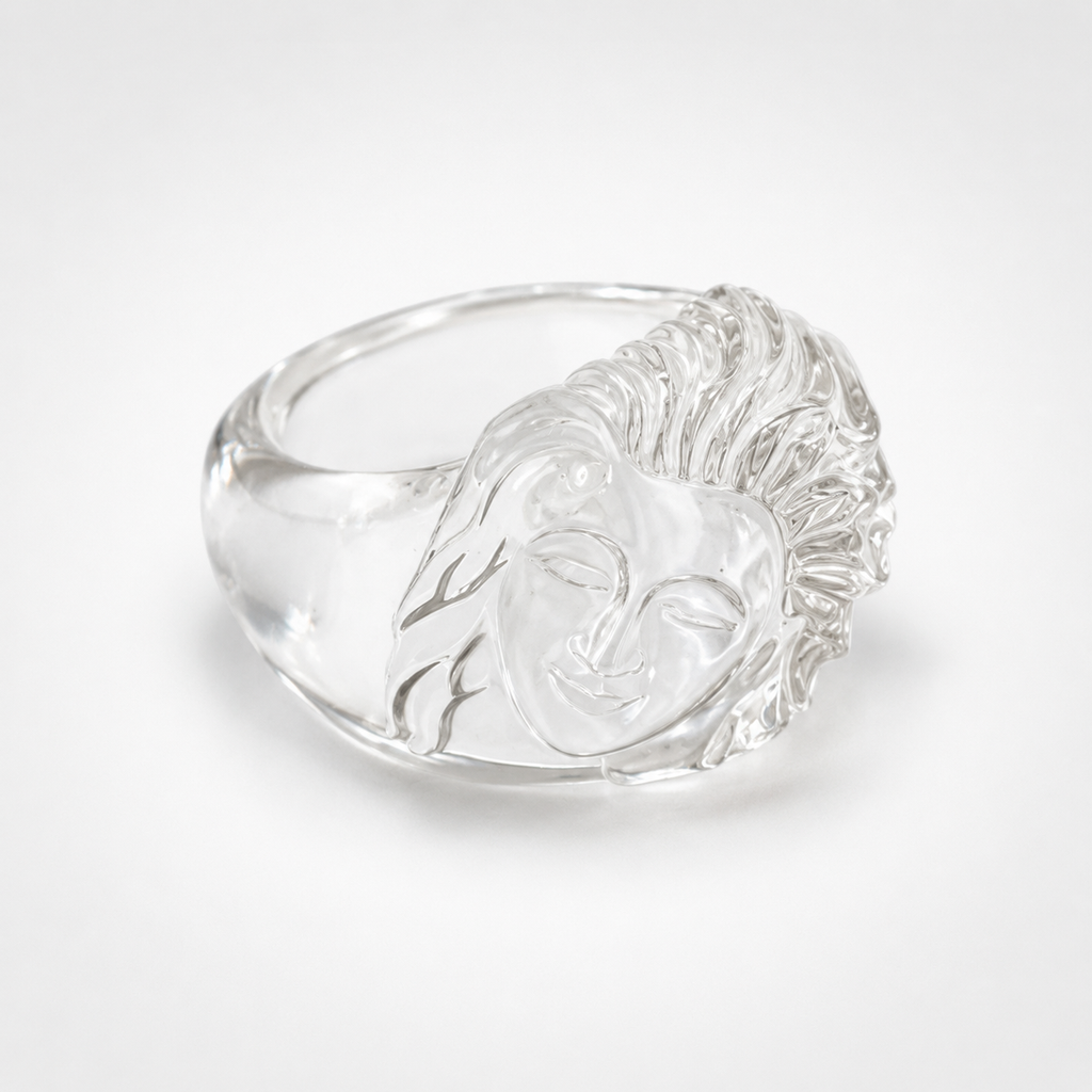 Rock Crystal Lady Face Ring Close-Up – Detailed Carved Face Clear Quartz Gemstone Ring
