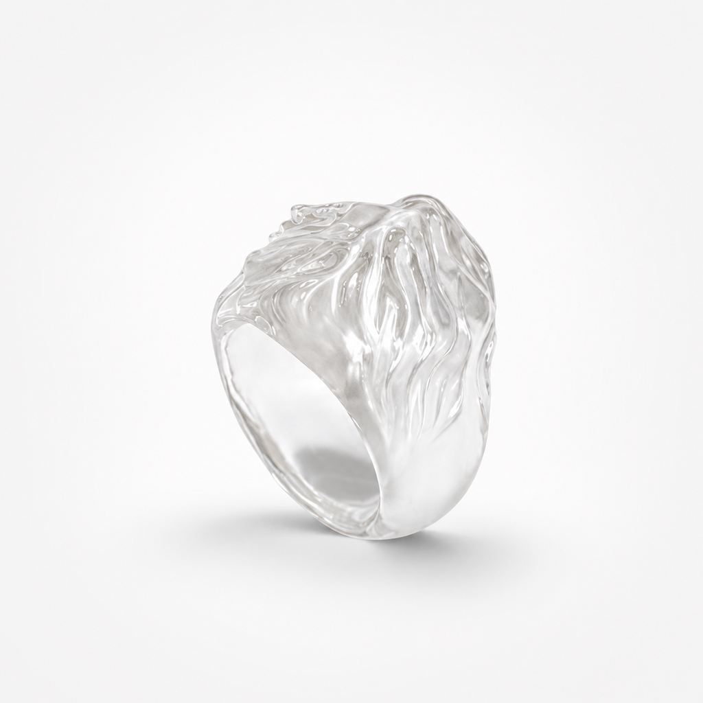 Rock Crystal Lady Face Ring Wide Band View – Clear Quartz Sculptural Statement Ring
