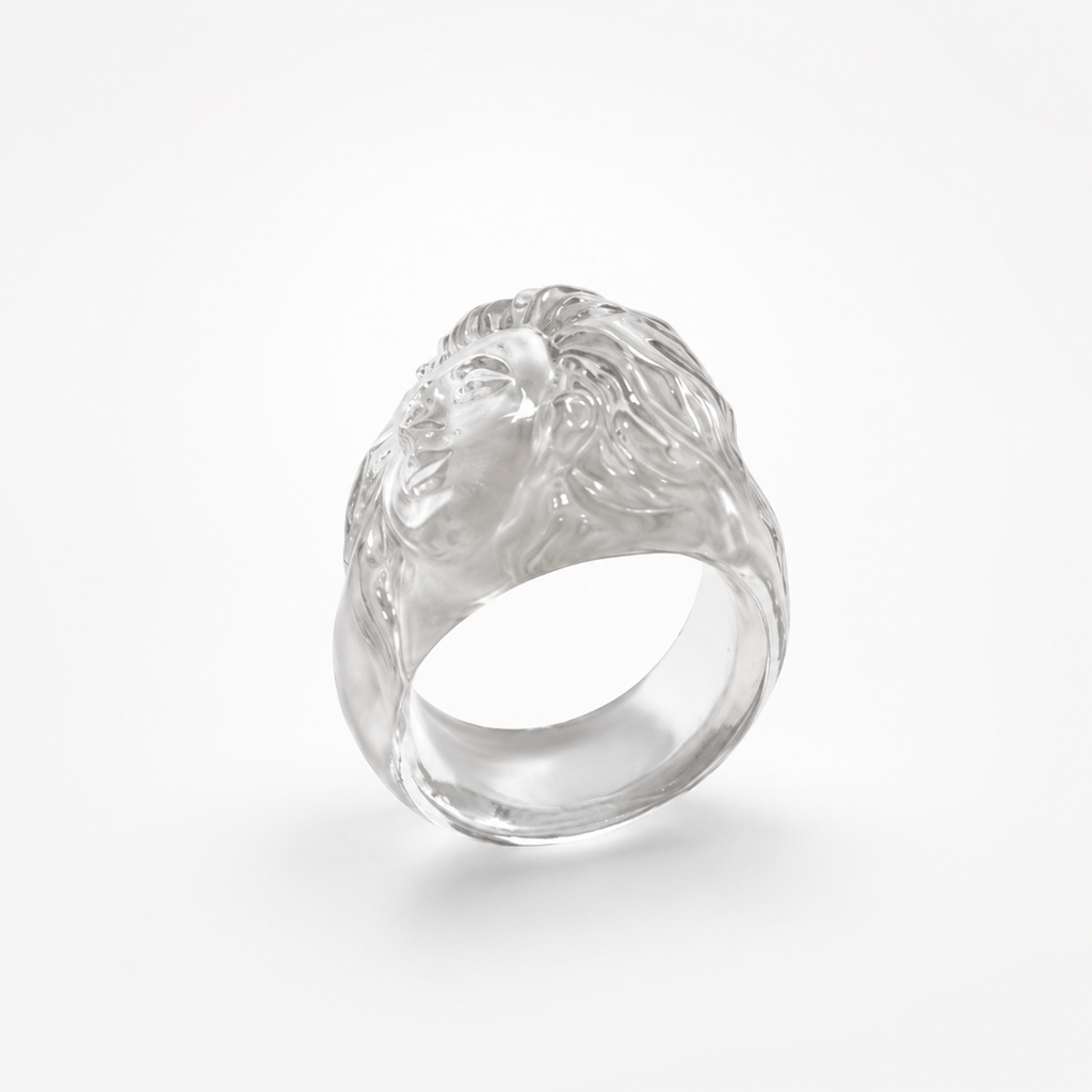 Rock Crystal Lady Face Ring Back View – Carved Clear Quartz Dome Ring with Hair Texture
