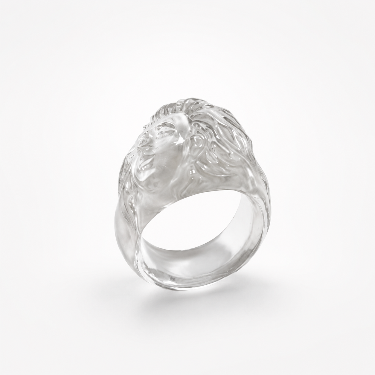 Rock Crystal Lady Face Ring Back View – Carved Clear Quartz Dome Ring with Hair Texture
