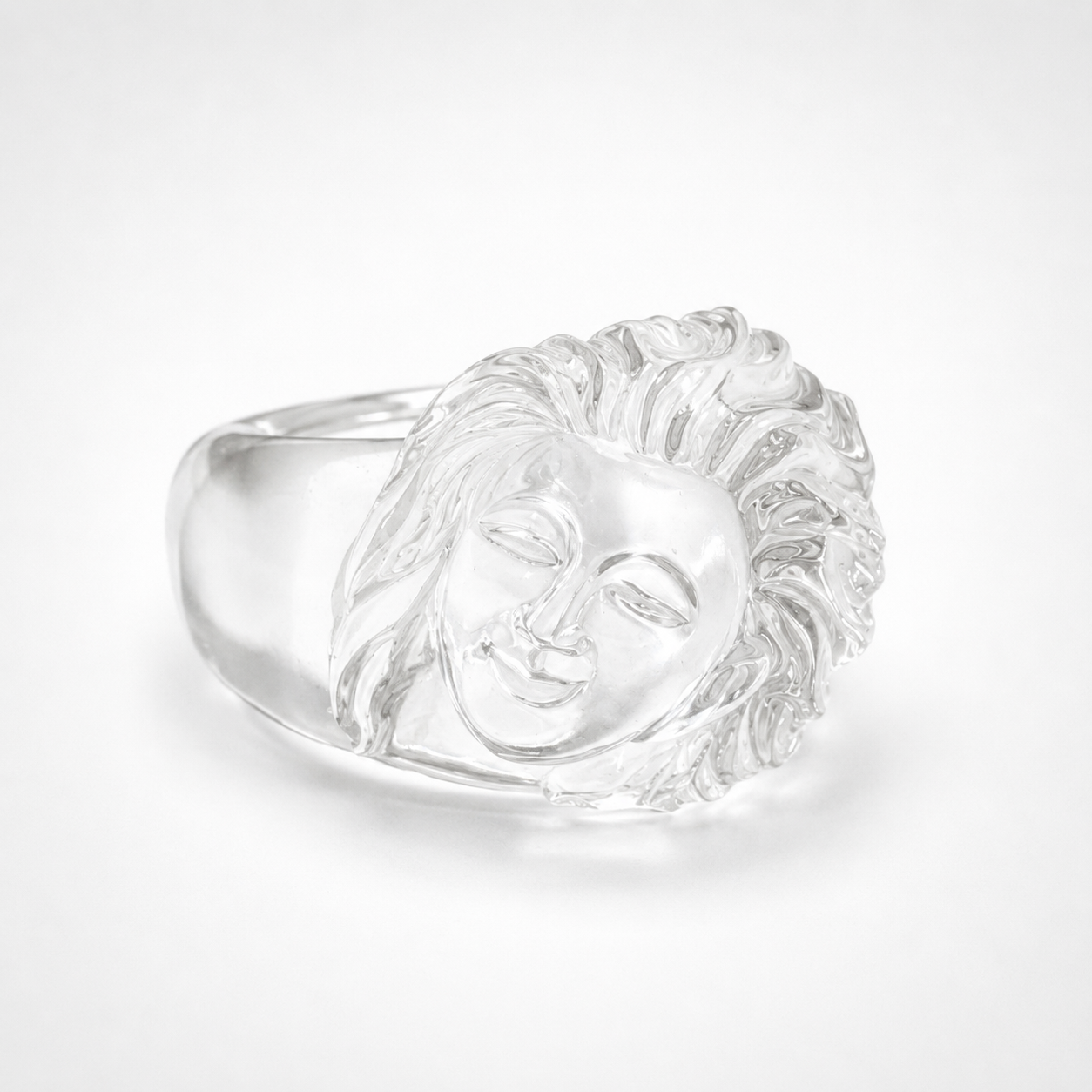 Rock Crystal Lady Face Ring – Serene Carved Clear Quartz Face Ring with Flowing Hair
