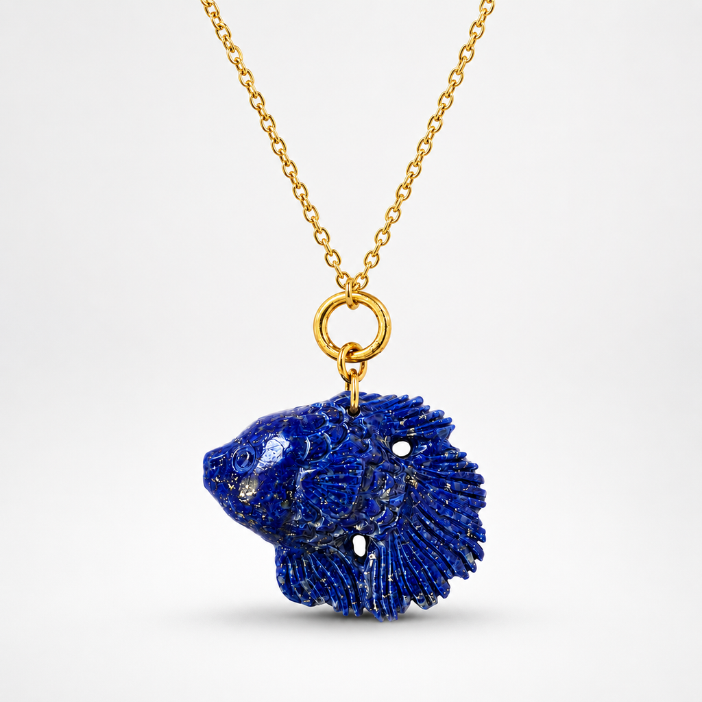 Lapis Lazuli Carved Fish Pendant on Gold Chain – Deep Blue Betta Fish Gemstone Necklace
