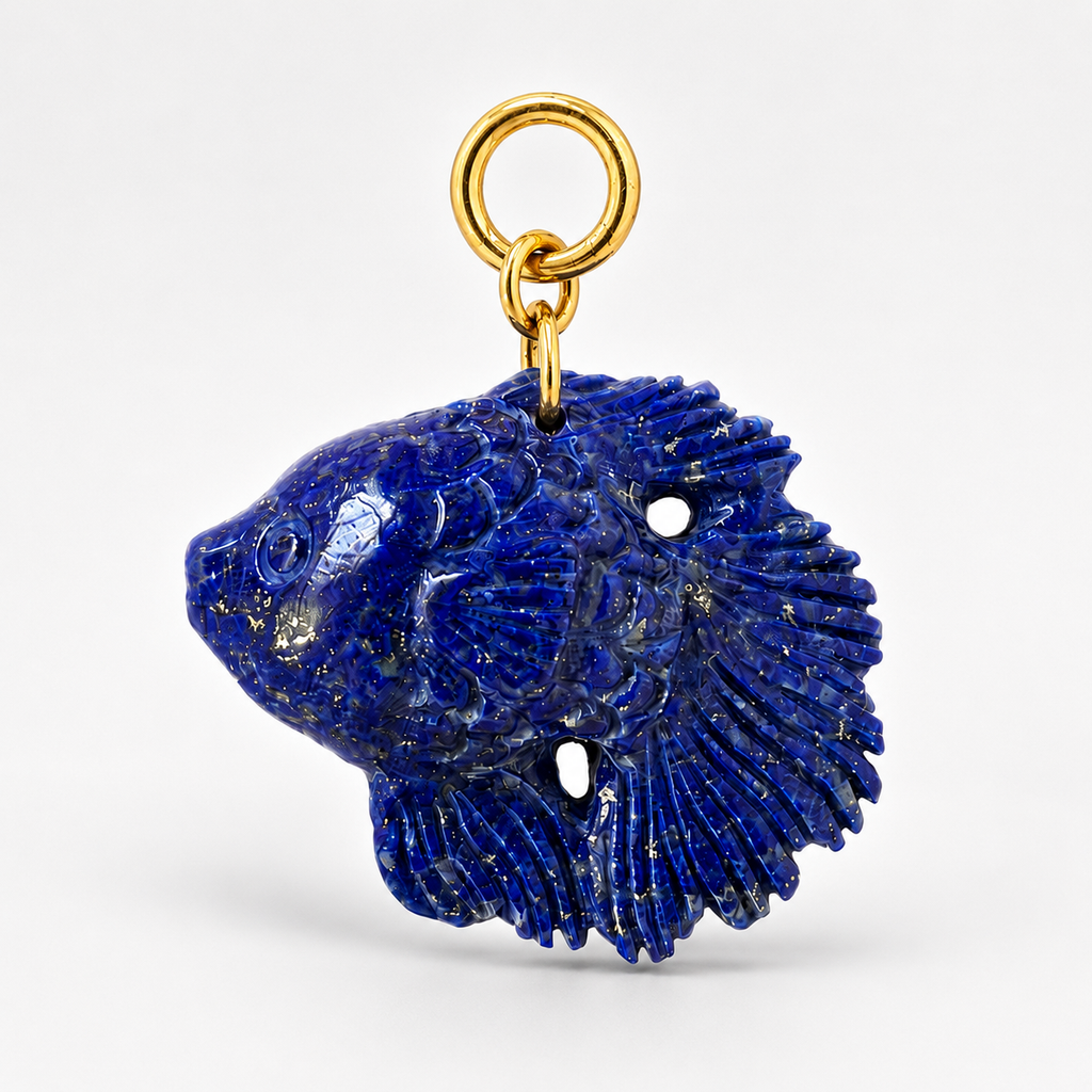 Lapis Lazuli Carved Betta Fish Pendant Close-Up – Deep Blue Gemstone with Pyrite Gold Bail
