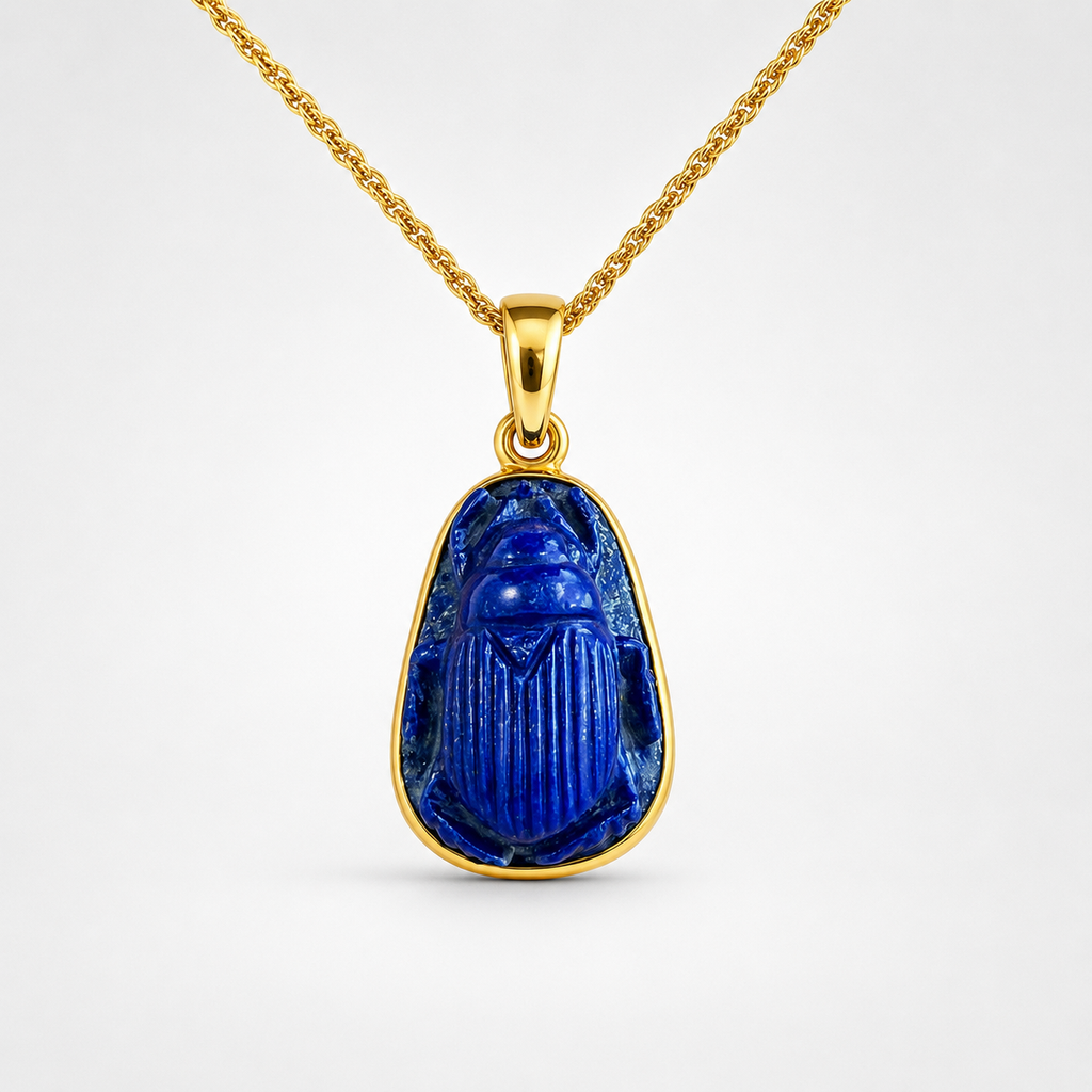 Lapis Lazuli Carved Scarab Pendant on Gold Rope Chain – Deep Blue Egyptian Scarab Gold Bezel
