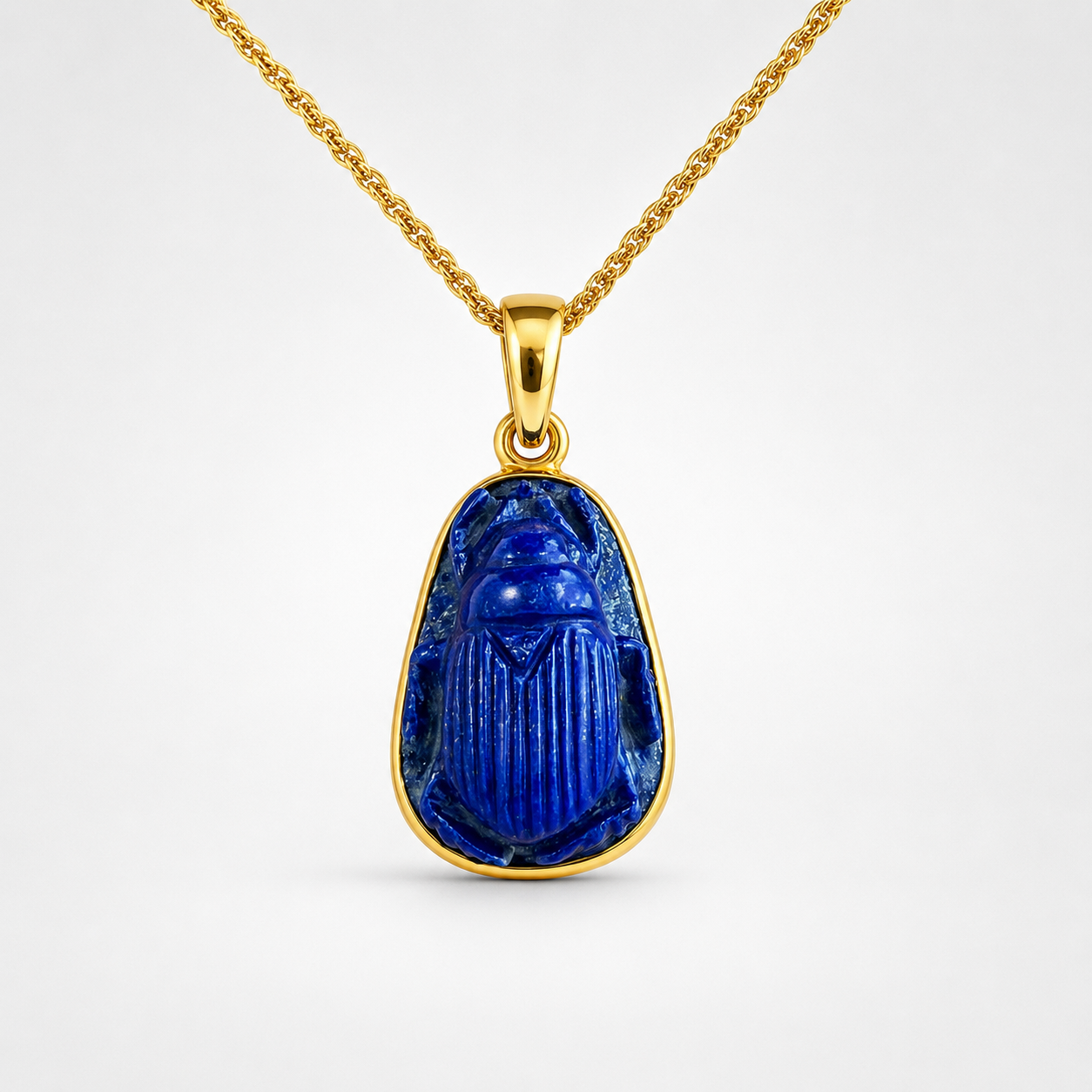 Lapis Lazuli Carved Scarab Pendant on Gold Rope Chain – Deep Blue Egyptian Scarab Gold Bezel
