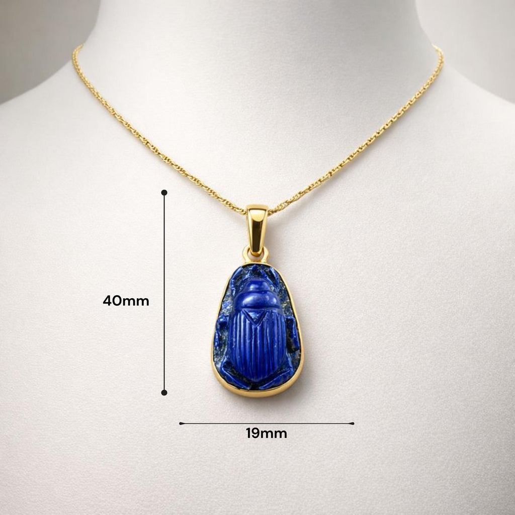 Lapis Lazuli Scarab Pendant Size Guide – 40mm x 19mm Carved Blue Gemstone Gold Bezel Necklace
