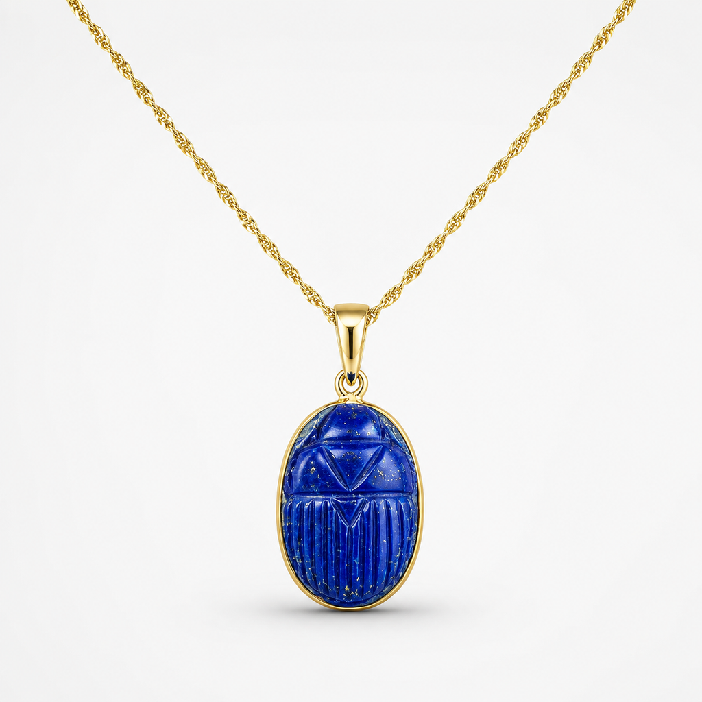 Lapis Lazuli Oval Scarab Pendant on Gold Rope Chain – Deep Blue Pyrite Egyptian Scarab Gold Bezel
