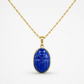 Lapis Lazuli Oval Scarab Pendant on Gold Rope Chain – Deep Blue Pyrite Egyptian Scarab Gold Bezel
