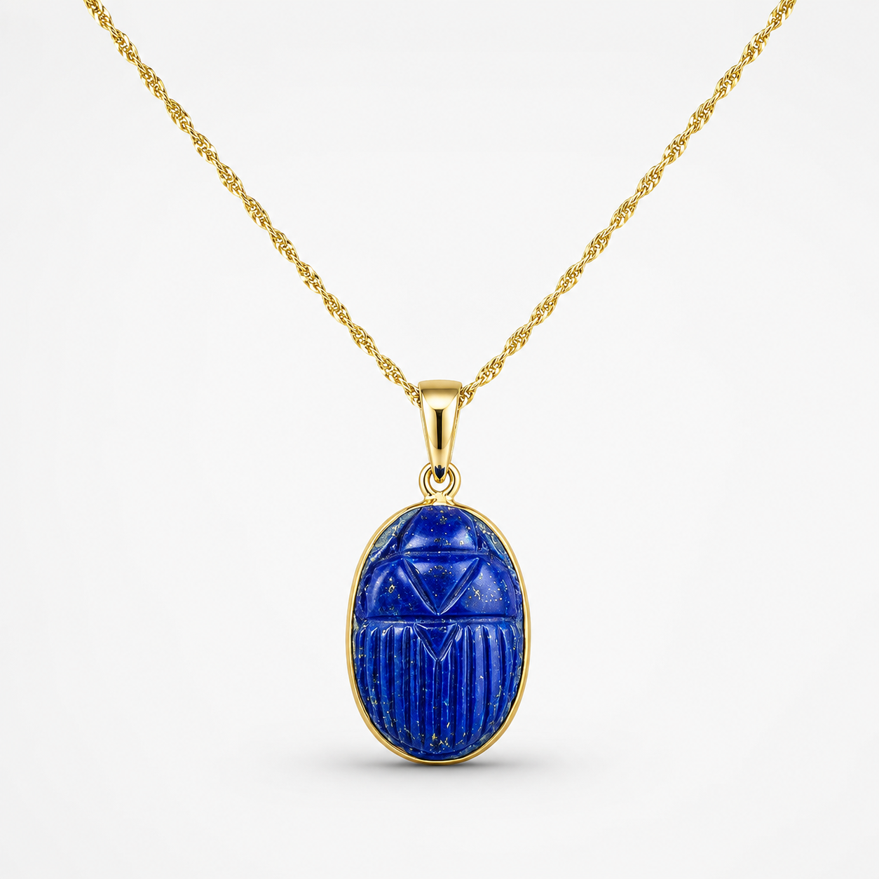 Lapis Lazuli Oval Scarab Pendant on Gold Rope Chain – Deep Blue Pyrite Egyptian Scarab Gold Bezel
