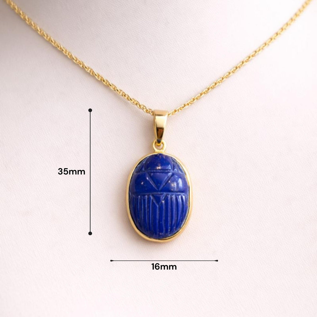 Lapis Lazuli Oval Scarab Pendant Size Guide – 35mm x 16mm Carved Blue Gemstone Gold Bezel Necklace
