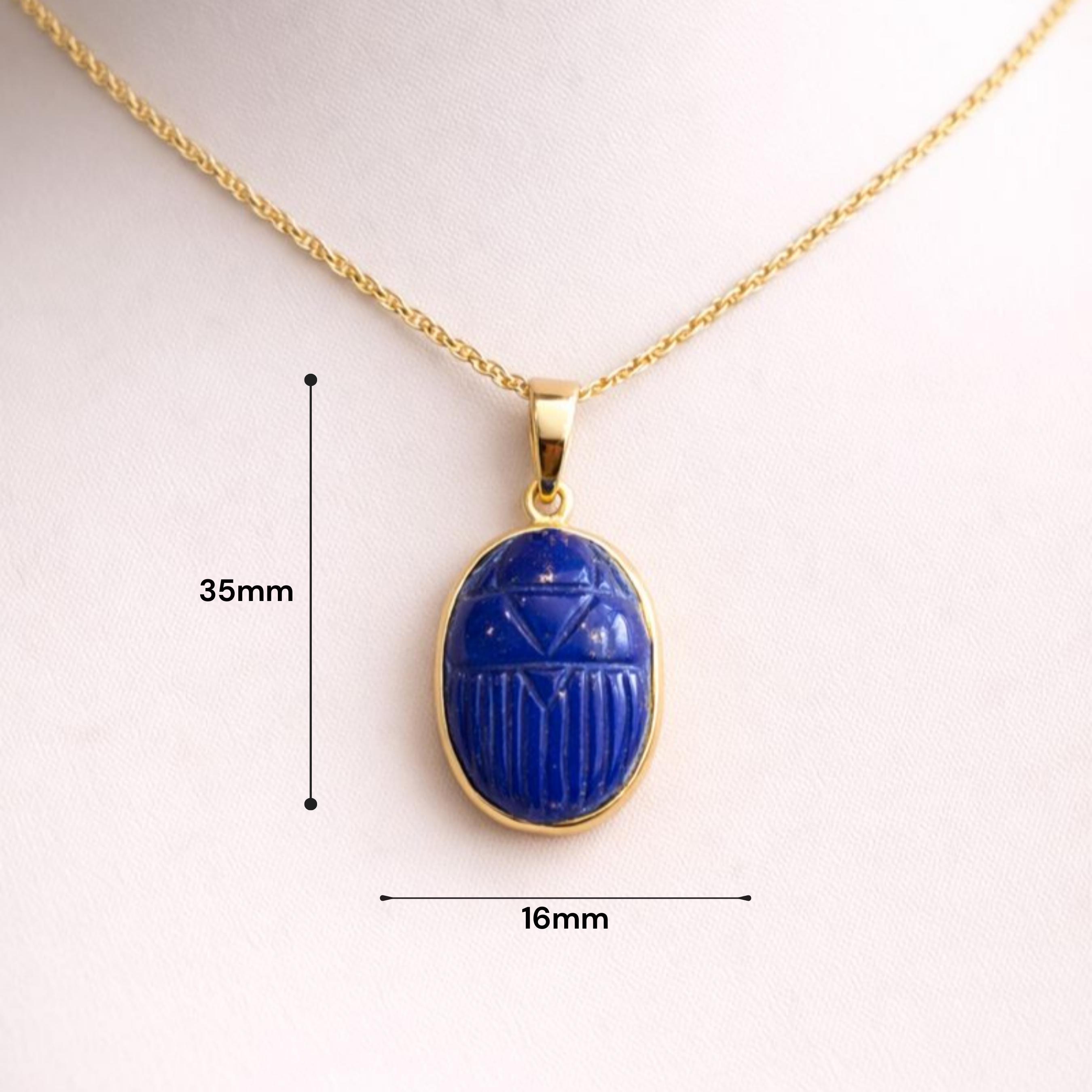 Lapis Lazuli Oval Scarab Pendant Size Guide – 35mm x 16mm Carved Blue Gemstone Gold Bezel Necklace
