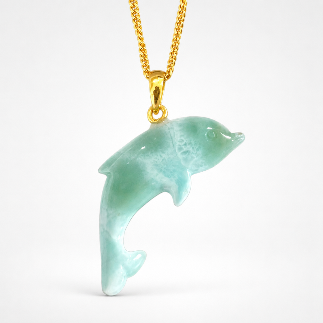 Larimar Hand Carved Leaping Dolphin Pendant on Gold Chain – Pale Aqua Caribbean Gemstone Necklace
