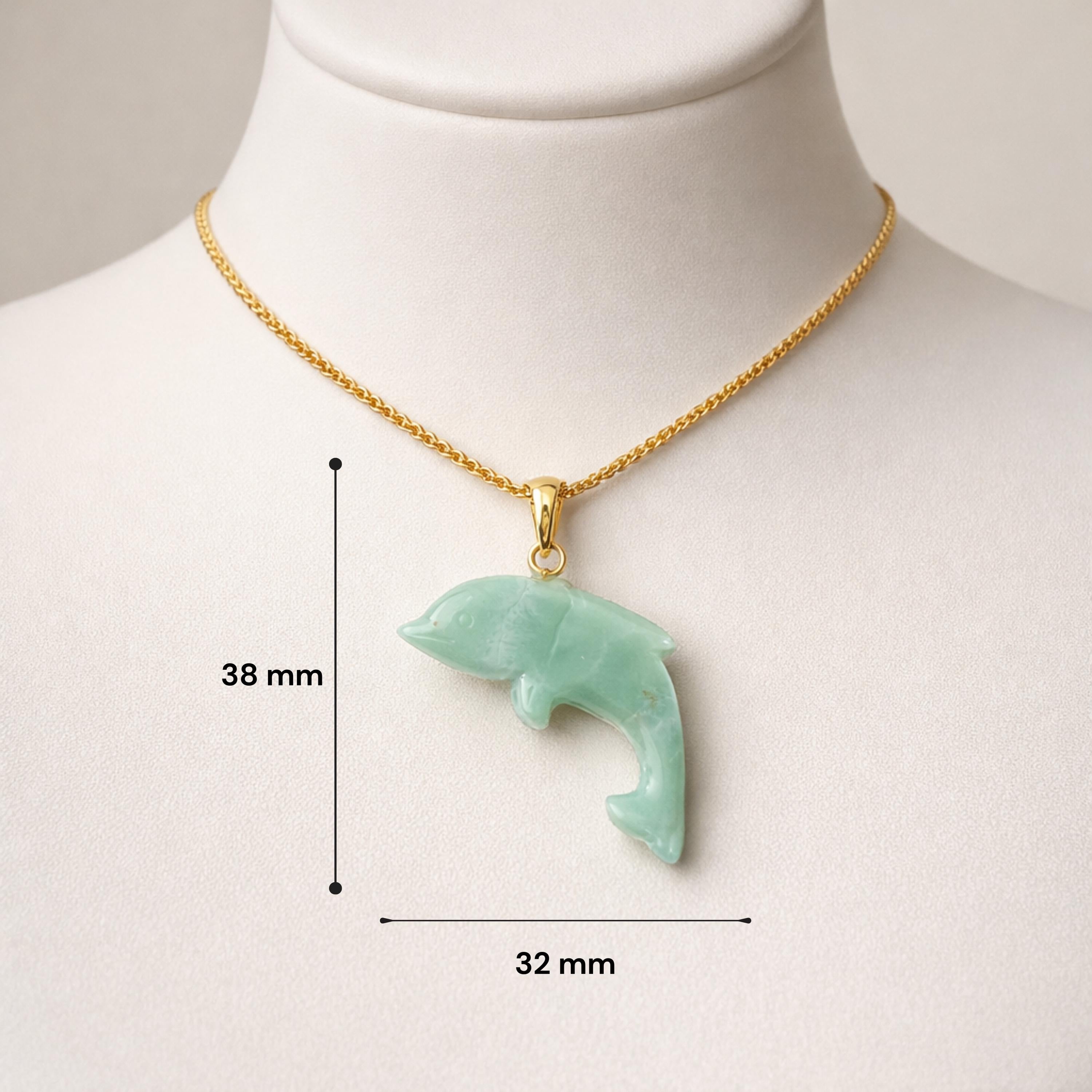 Larimar Dolphin Pendant Size Guide – 38mm x 32mm Hand Carved Aqua Caribbean Gemstone Gold Bail

