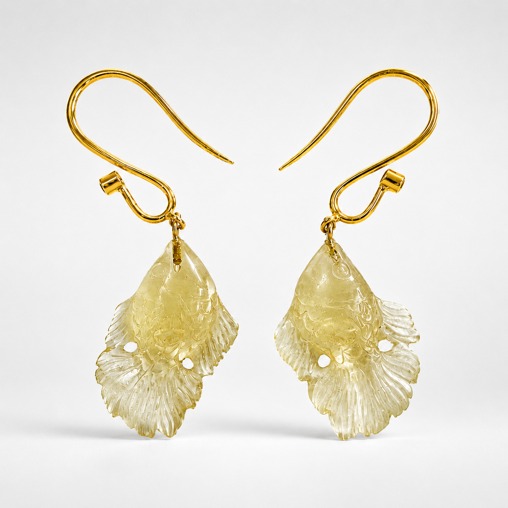 Lemon Quartz Carved Fish Earrings Back View – Hand Carved Betta Fish 14K Gold Hook Drop Earrings
