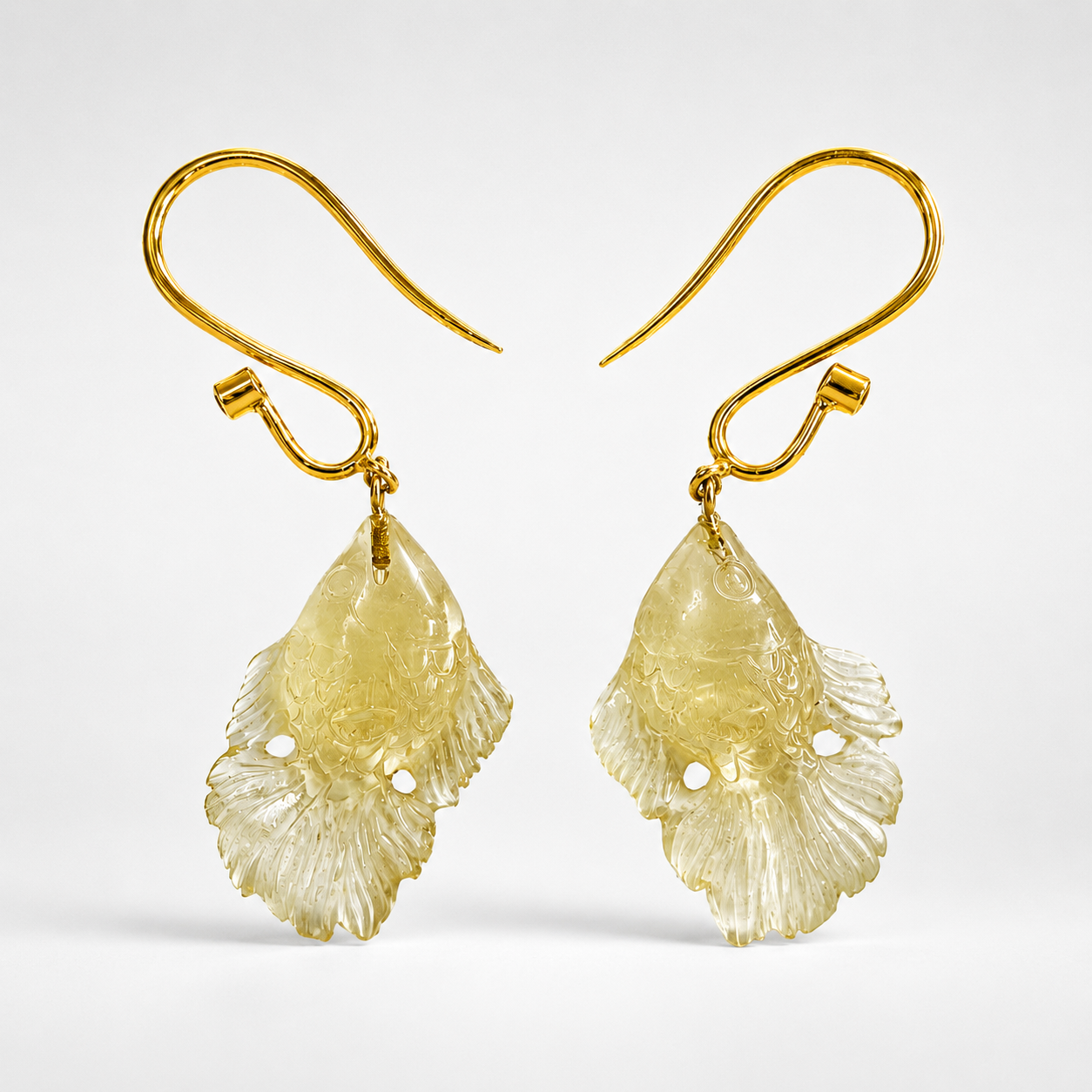 Lemon Quartz Carved Fish Earrings Back View – Hand Carved Betta Fish 14K Gold Hook Drop Earrings
