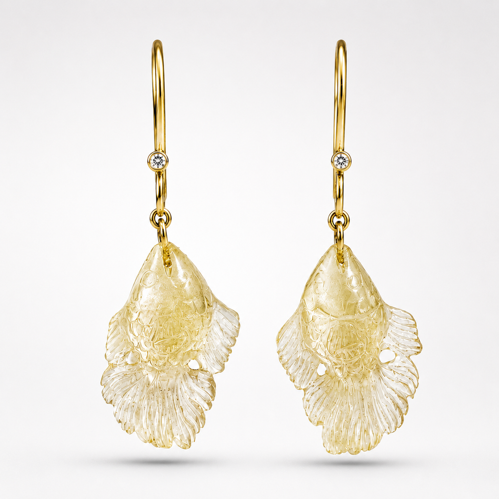 Lemon Quartz Hand Carved Betta Fish Earrings – 14K Gold Natural Diamond Bezel Drop Earrings
