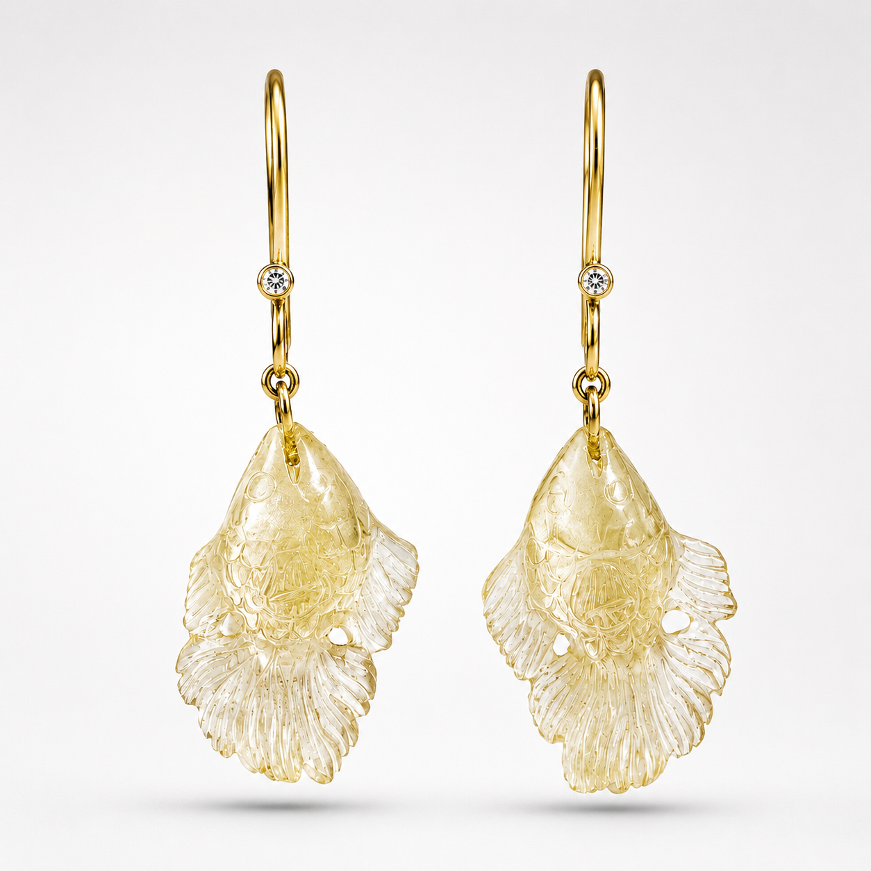 Lemon Quartz Hand Carved Betta Fish Earrings – 14K Gold Natural Diamond Bezel Drop Earrings
