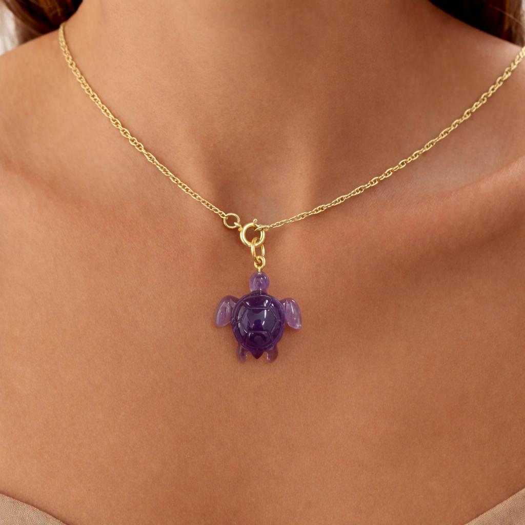 Model Wearing Amethyst Sea Turtle Pendant – Hand Carved Deep Purple Gemstone Gold Chain Necklace
