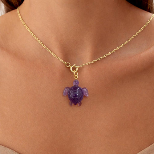 Model Wearing Amethyst Sea Turtle Pendant – Hand Carved Deep Purple Gemstone Gold Chain Necklace
