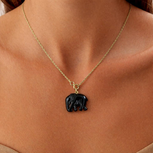 Model Wearing Black Onyx Elephant Pendant Charm – Carved Glossy Black Gemstone Gold Chain Necklace
