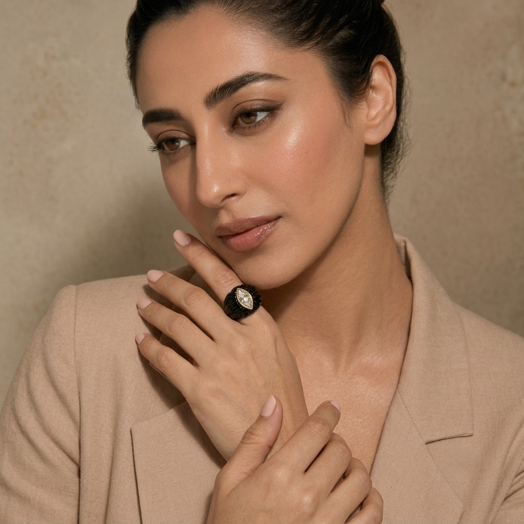 Black Onyx Ring Side Profile – Fluted Dome with White Topaz Marquise in 14K Gold Bezel
