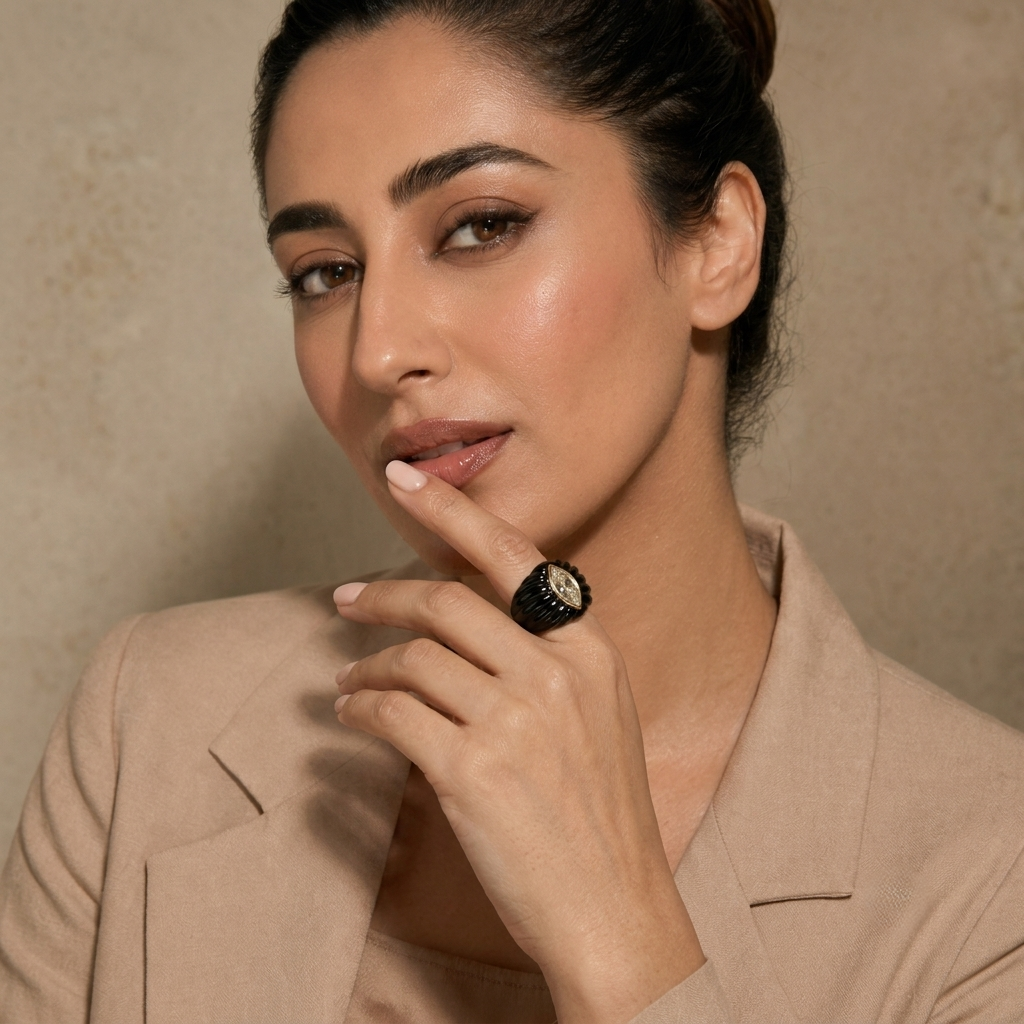 Model Wearing Black Onyx Fluted Ring – White Topaz 14K Gold Bezel Marquise Gemstone Ring Editorial
