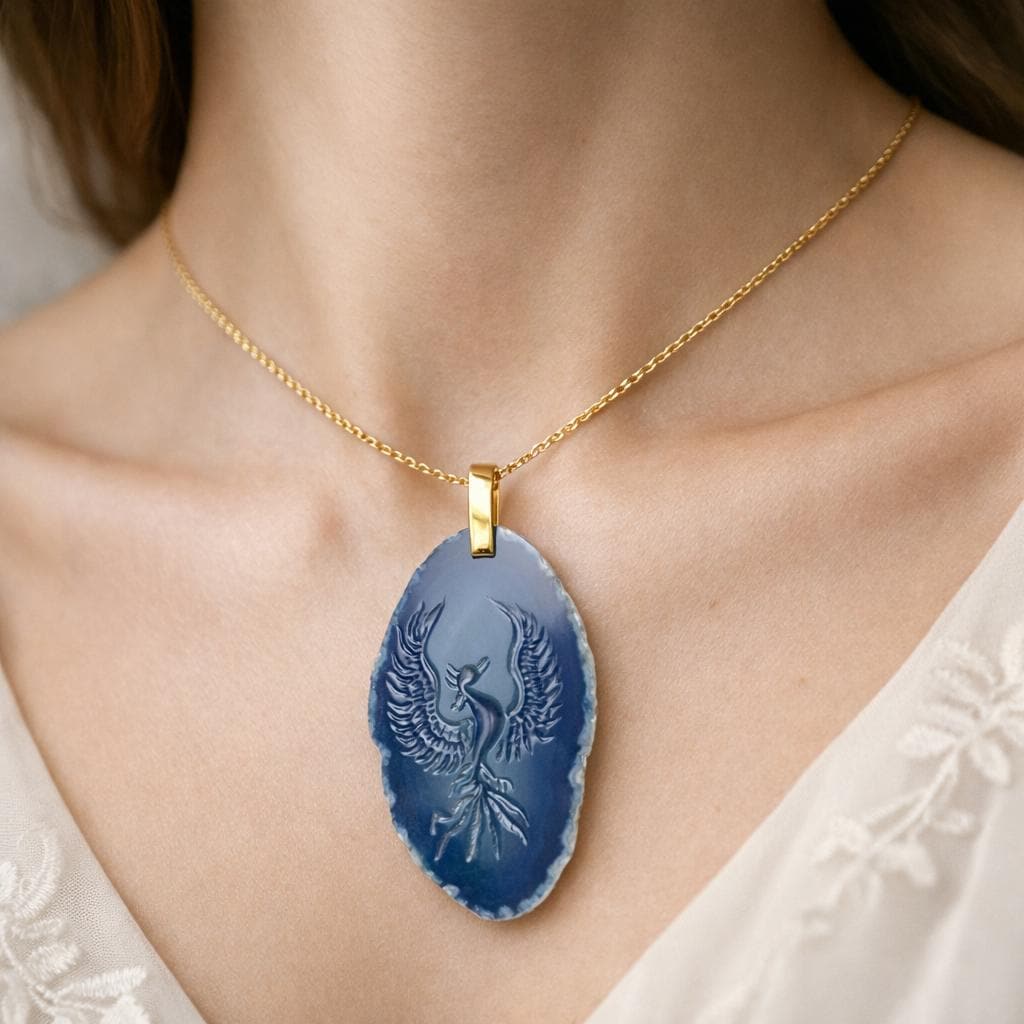 Model Wearing Blue Agate Phoenix Intaglio Pendant – Carved Rising Phoenix Oval Agate Gold Necklace
