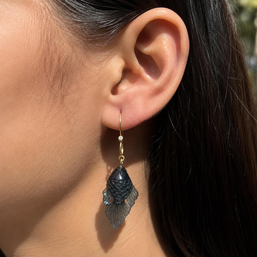 Model Wearing Blue Tourmaline Fish Drop Earring – Hand Carved Gemstone 14K Gold Natural Diamond
