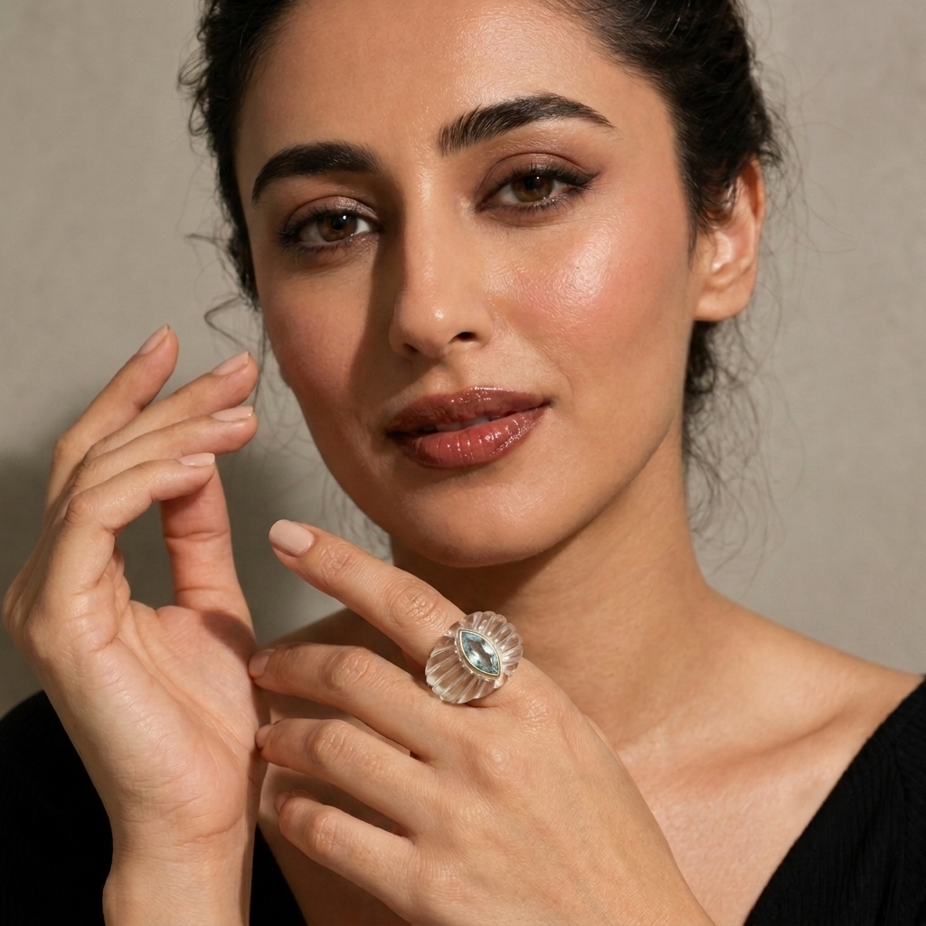 Model Wearing Rock Crystal Sky Blue Topaz Ring – 14K Gold Bezel Marquise Gemstone Cocktail Ring
